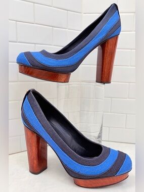 Tory Burch Joelle Blue Striped Canvas Wood Chunky Platform Pumps Size 11 NWT